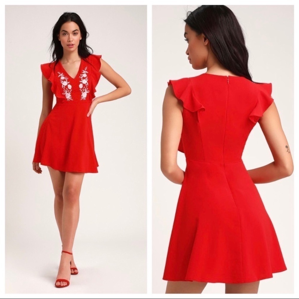 Lulus NWT Red Embroidered Skater Dress V Neck Sleeveless Party Dance Cocktail XL